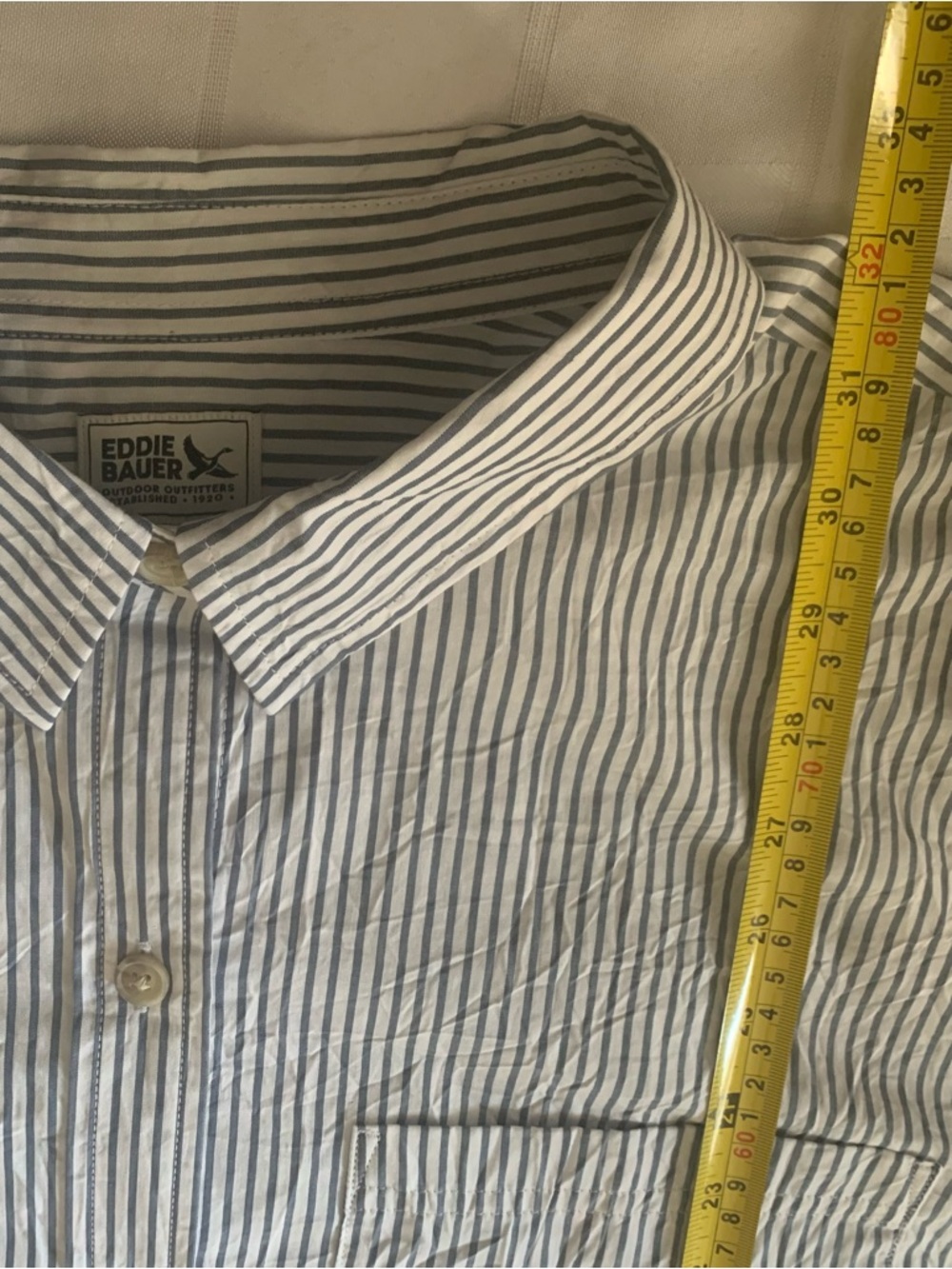 🆕 Eddie Bauer Shirt Crinkle Cotton Button up White Pale Blue Pinstripe 2XL - Picture 12 of 13